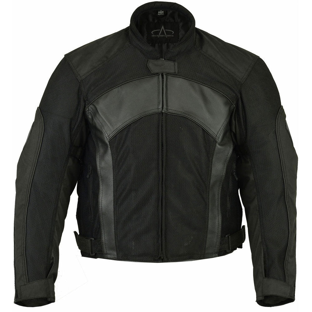 Men's Black Mesh & Leather Motorcycle Jacket with Removable Padding