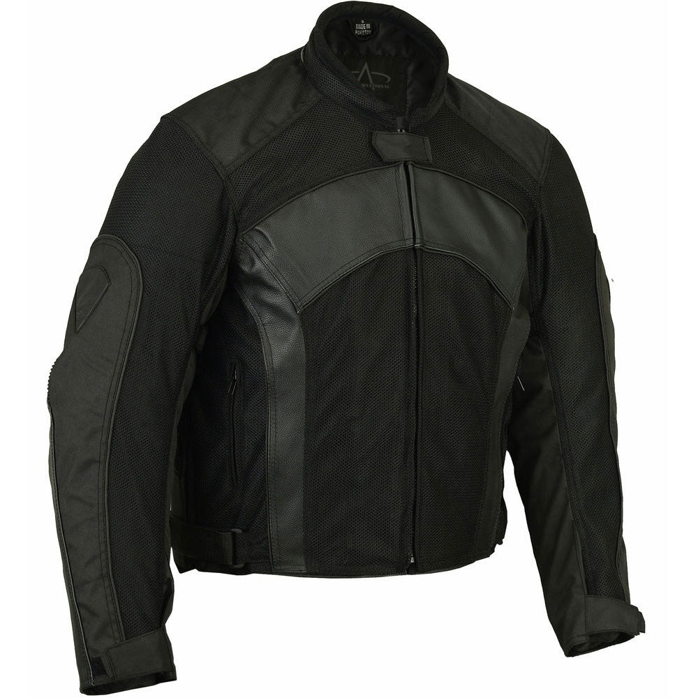 Men's Black Mesh & Leather Motorcycle Jacket with Removable Padding