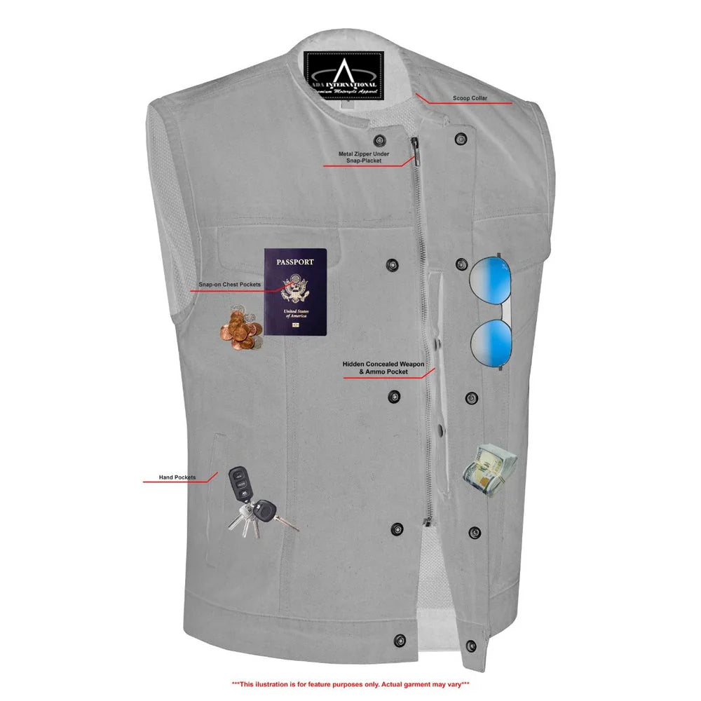 ADA981BK Rugged Men's Denim Vest - Concealed Snap with Hidden Zipper
