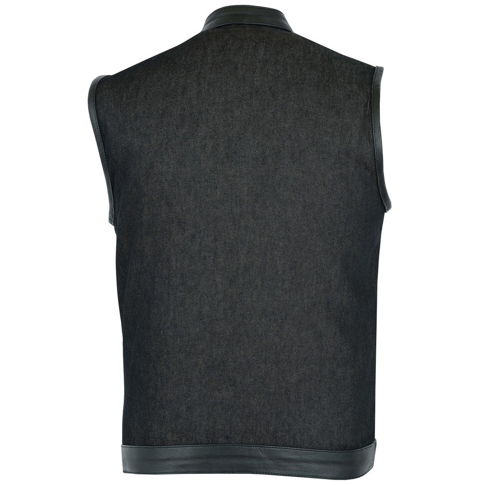 ADA962 Men's Rough Rub-Off Raw Finish Denim Vest W/Leather Trim - Scoop Collar