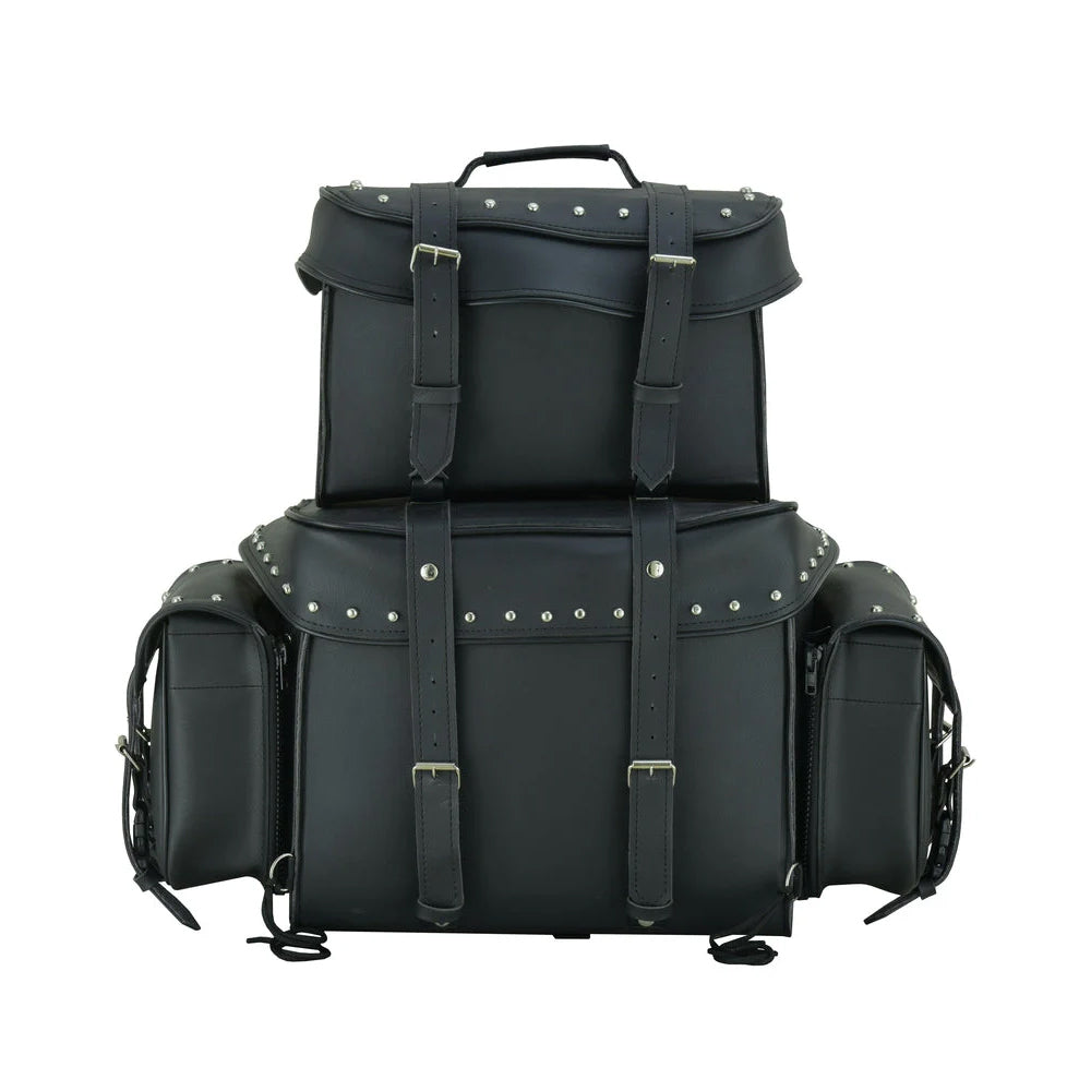 ADA350S Leather Black PVC Large 4 Piece Motorcycle Touring Tail Bag wi