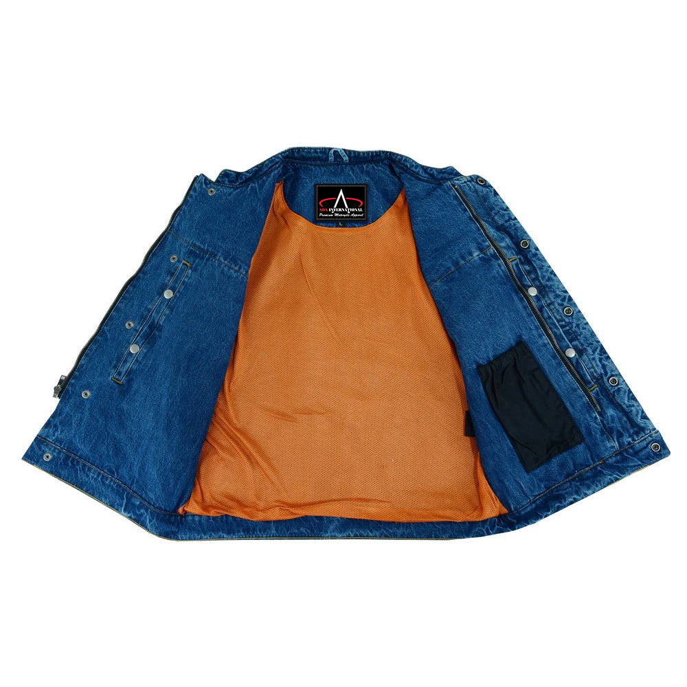 ADA989BU Concealed Snap Closure, Denim Material, Scoop Collar & Hidden