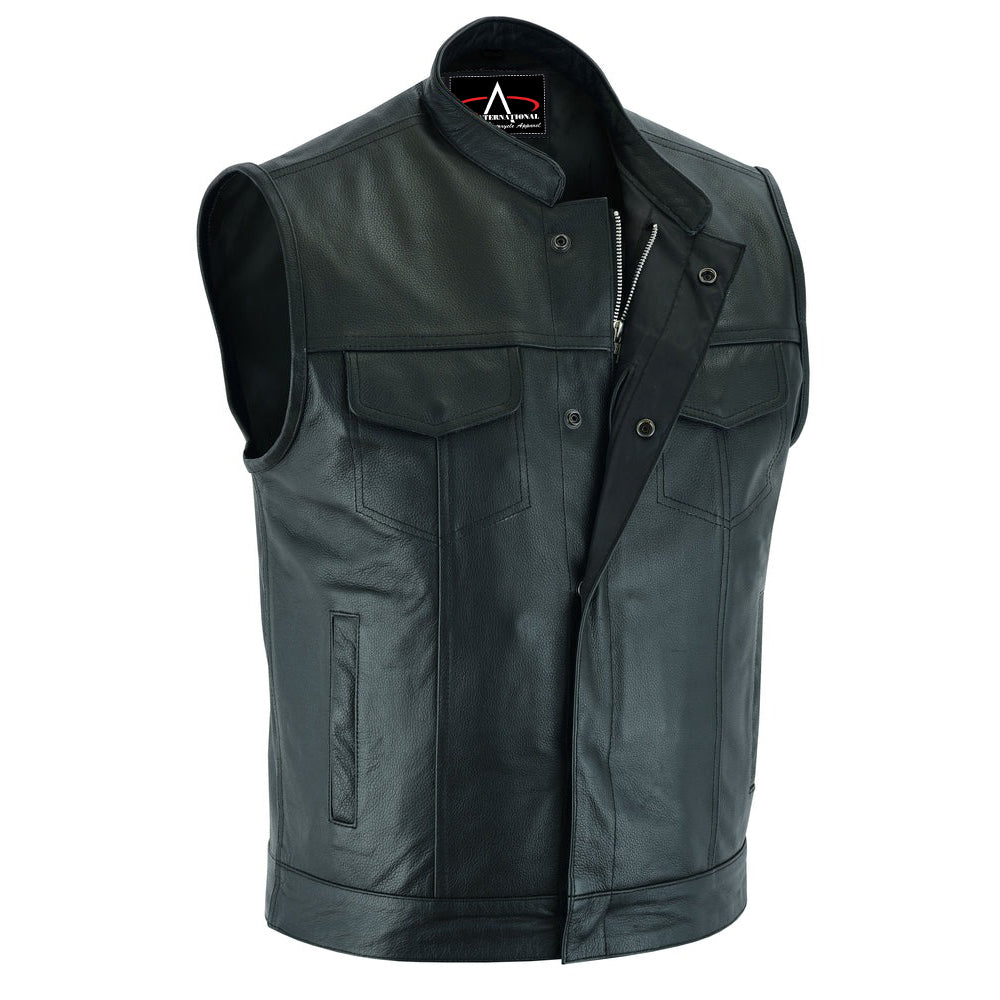 ADA9192 Urban Edge Motorcycle Leather Vest - Snap Closure, Scoop Collar & Hidden Zipper