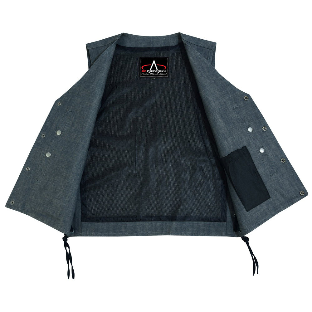 ADA918 Men's Rough Rub-Off Raw Finish Broken Gray Denim Vest