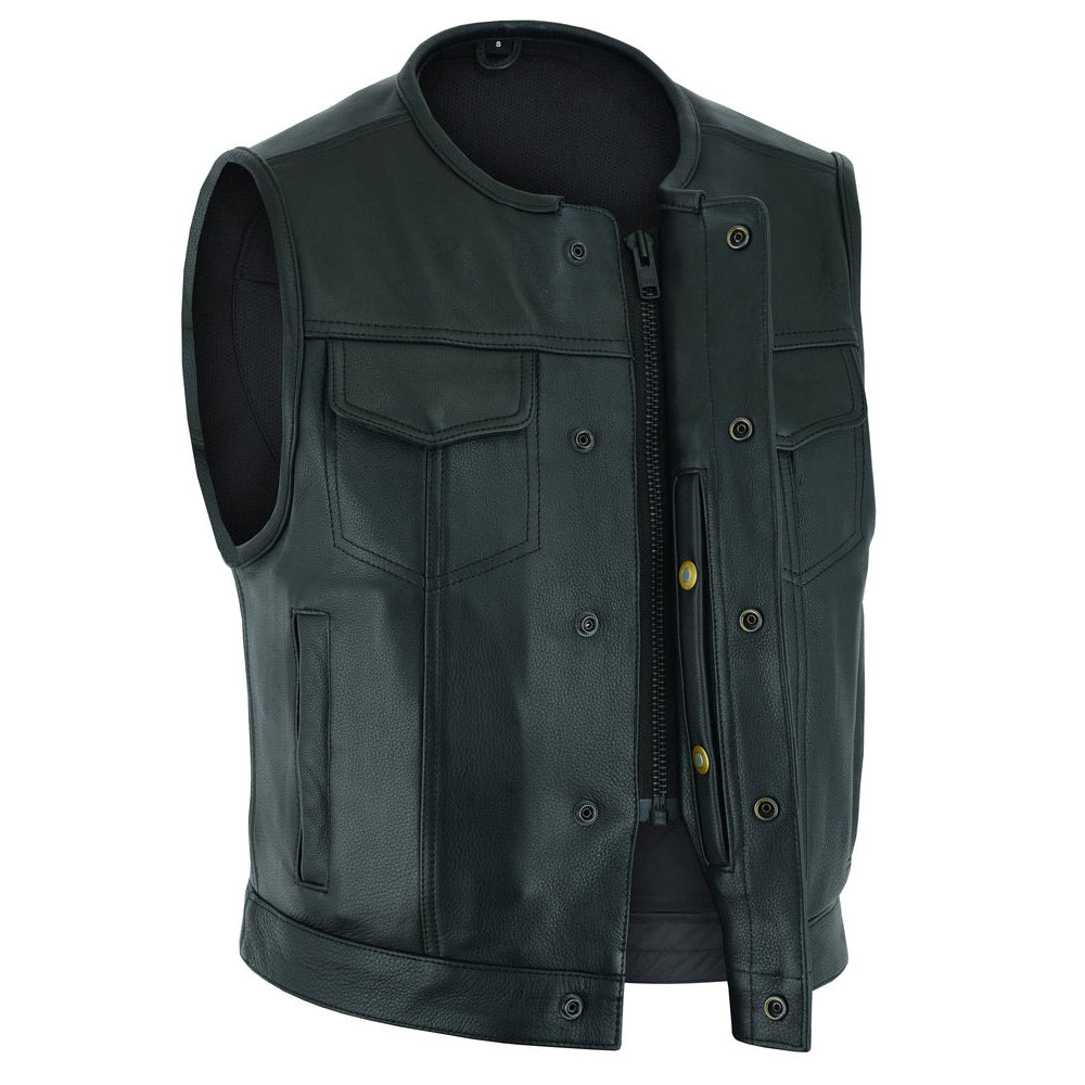 ADA166 Drop Zone Men's Leather Motorcycle Vest - Black