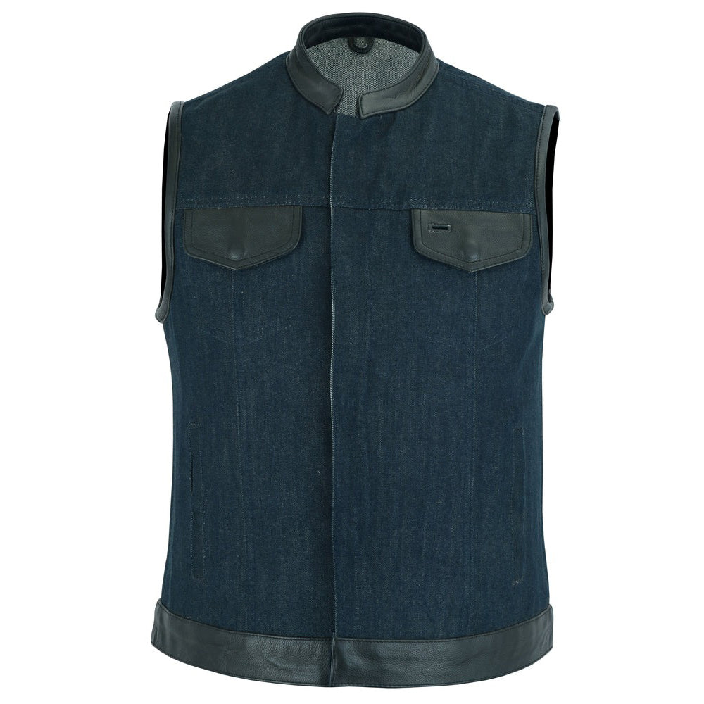 ADA964 Women's Broken Blue Rough Rub-Off Raw Finish Denim Vest W/Leather Trim
