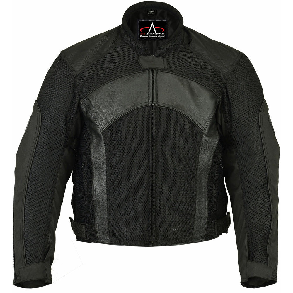 ADA750BK Men's Black Mesh & Leather Motorcycle Jacket with Removable Padding