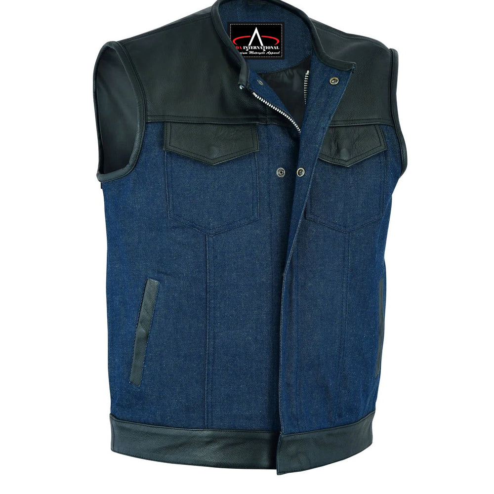 ADA933 Men's Leather/Denim Combo Vest (Black/Broken Blue)