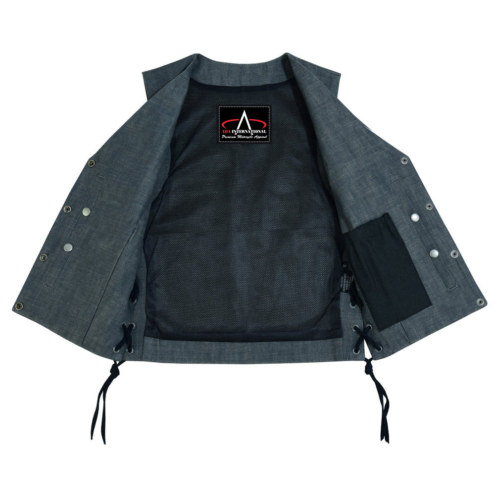 ADA919 Women's Rough Rub-Off Raw Finish Broken Gray Denim Vest