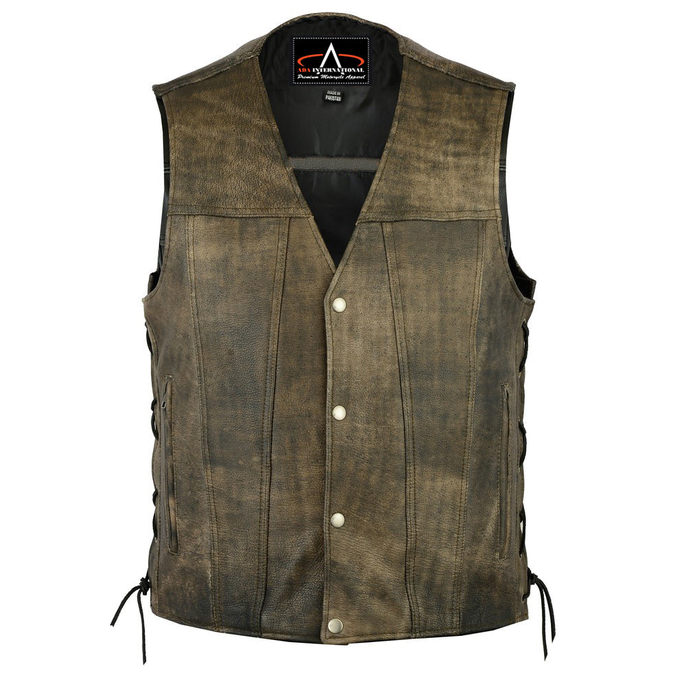 ADA107 Heritage Antique Brown Men's Motorcycle Leather Vest - Single Back Panel
