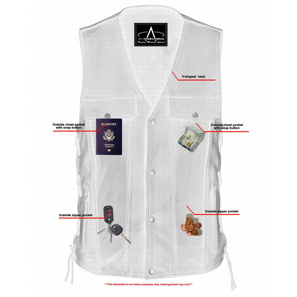 ADA124 Men's Black Leather Vest with Side Laces and Smart Access Pocket