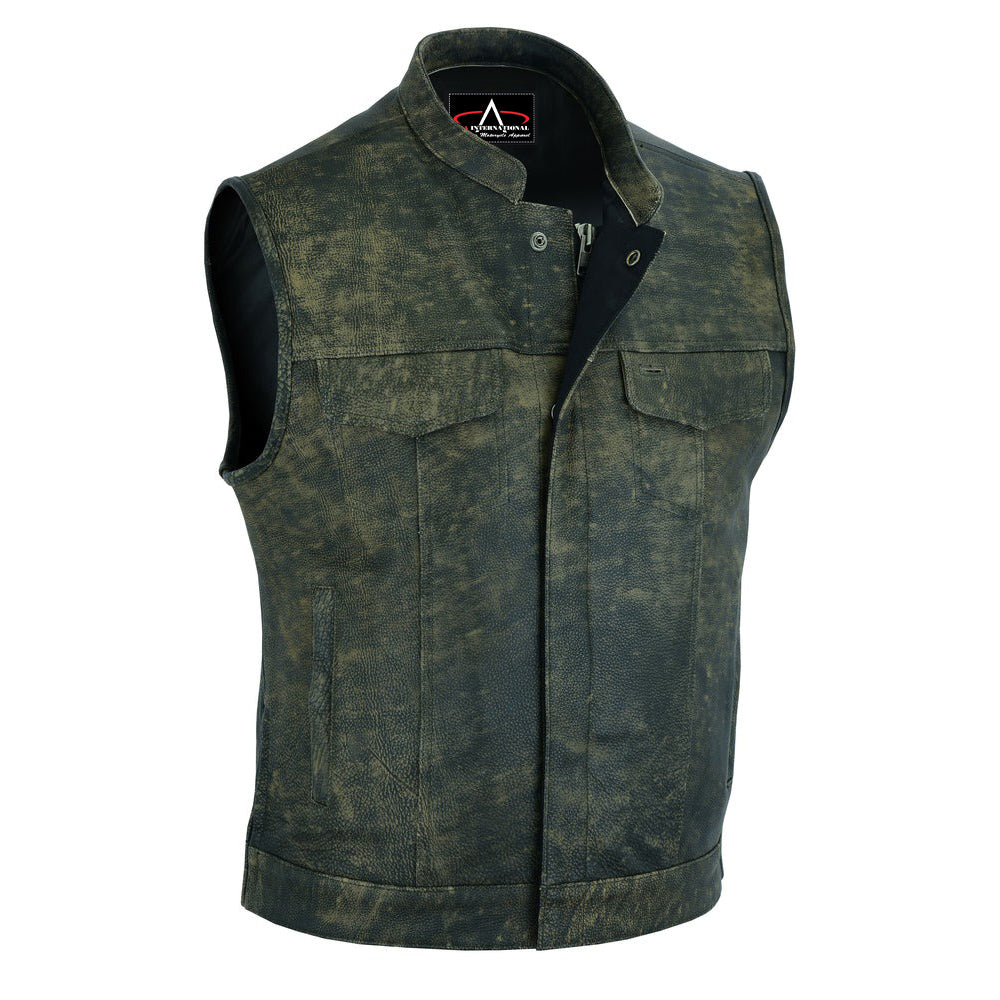 ADA108 Men's Antique Brown Motorcycle Leather Vest with Smart Access Pockets