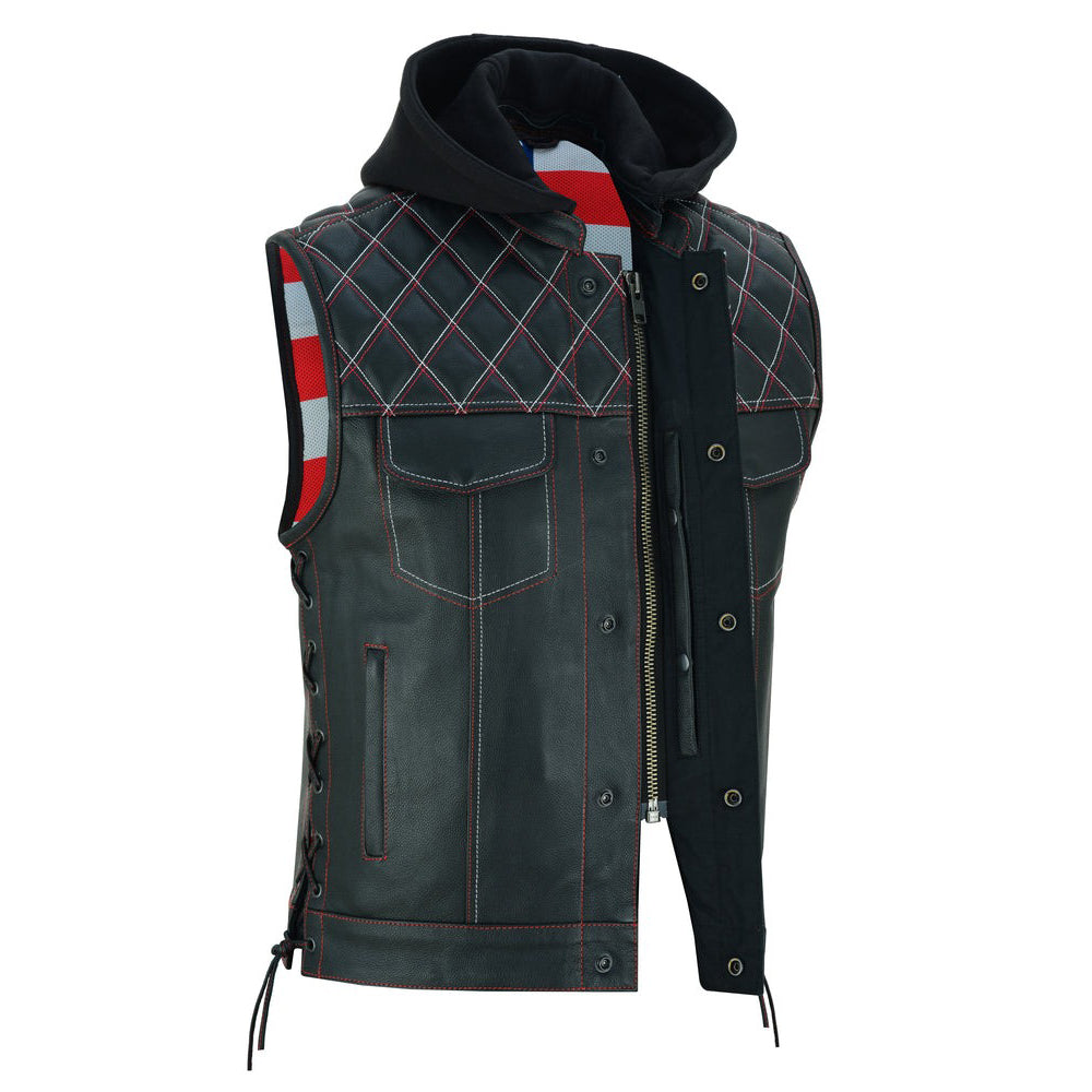 ADA194 Road Edge Black Leather Vest with Smart Pockets & Removable Hood