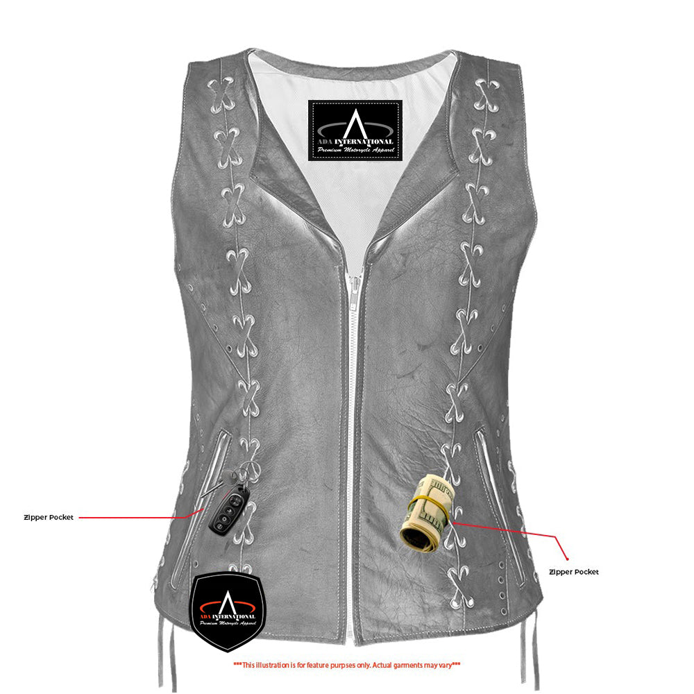 ADA236 Women's Brown Zippered Vest with Lacing Details