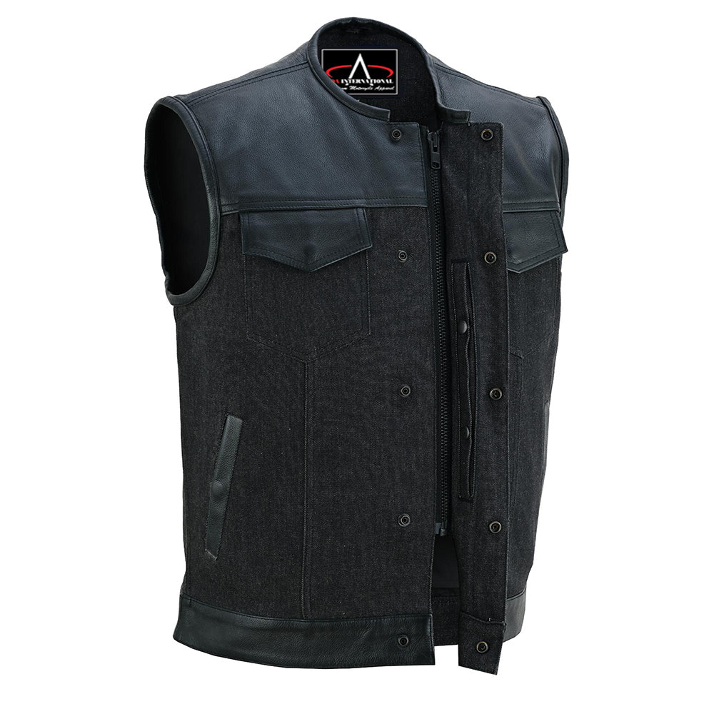 ADA901 Men's Leather/Denim Combo Vest Without Collar