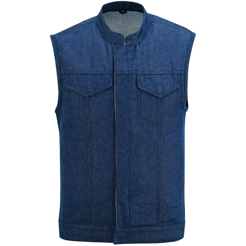 ADA976 Men's Blue Rough Rub-Off Raw Finish Denim Vest