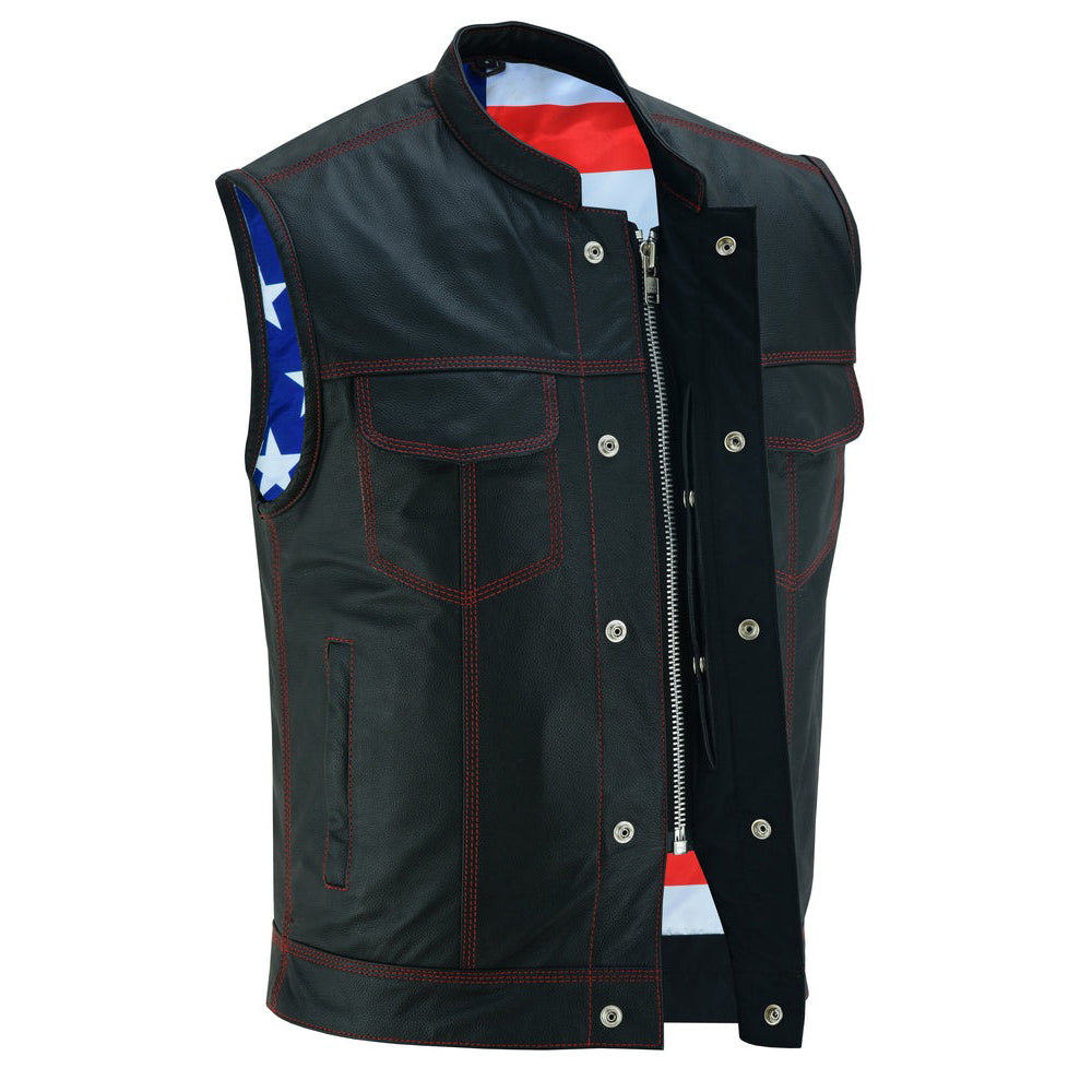 ADA165 Men's LEATHER VEST WITH RED STITCHING AND USA INSIDE FLAG LINING