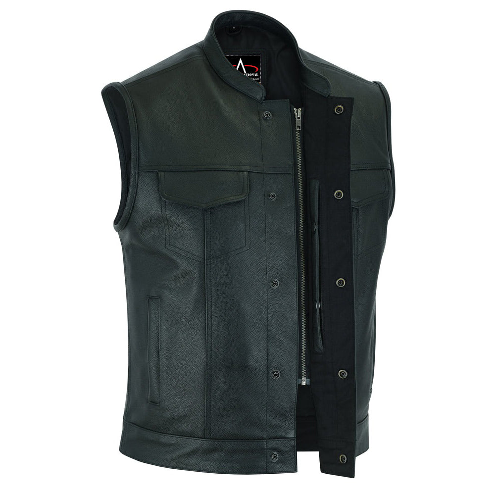 ADA189A Frontier Motorcycle Leather Vest - Snap Closure, Milled Cowhide, Scoop Collar & Hidden Zipper with Smart Access Pockets