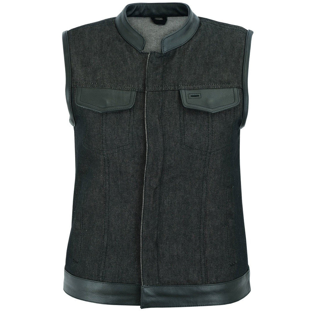 ADA963 Women's Rough Rub-Off Raw Finish Denim Vest W/Leather Trim