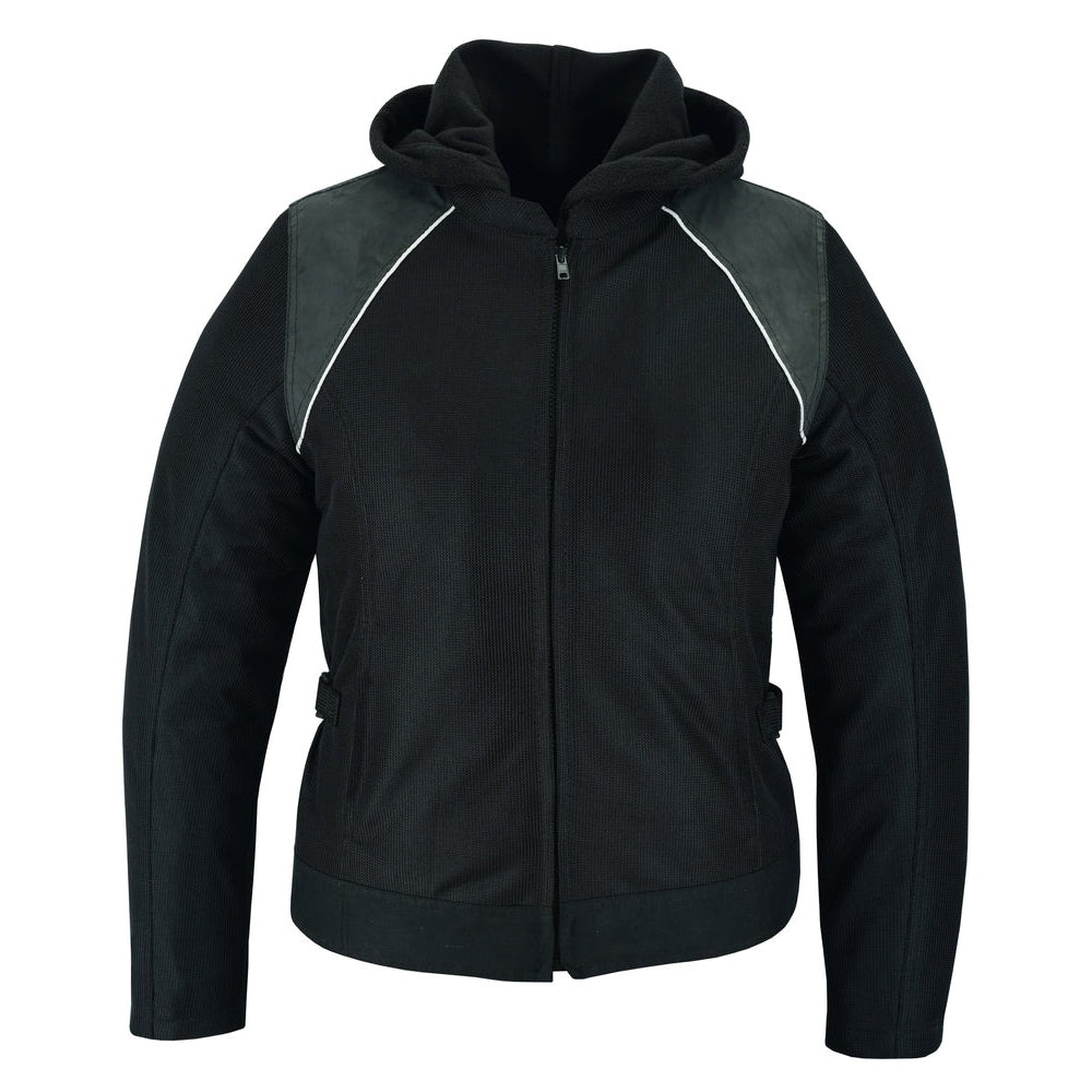 ADA867 Women's Mesh Motorcycle Black/ Black Tone Reflective Jacket 3-in-1 with Hoodie