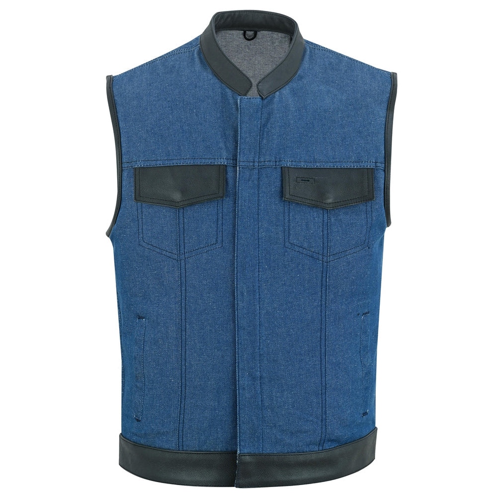 ADA961 Men's Broken Blue Rough Rub-Off Raw Finish Denim Vest W/Leather