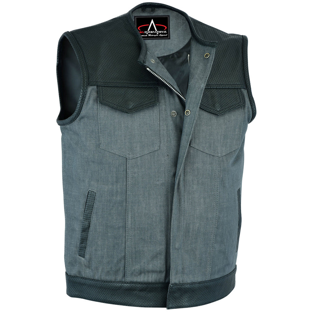 ADA934 Men's Perforated Leather/Denim Combo Vest (Black/ Ash Gray)