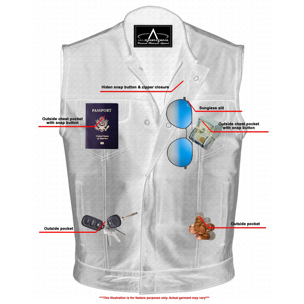ADA9193 Nomad Motorcycle Leather Vest - Snap Closure, No Collar & Hidden Zipper
