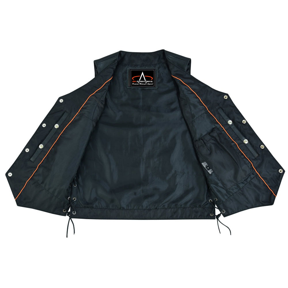 ADA142 Titan Motorcycle Leather Vest - Single Back Panel with Buffalo Nickel Head Snaps and Smart Access Pockets