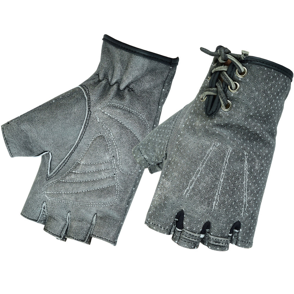 ADA74 Women's Washed-Out Gray Leather Perforated Fingerless Gloves
