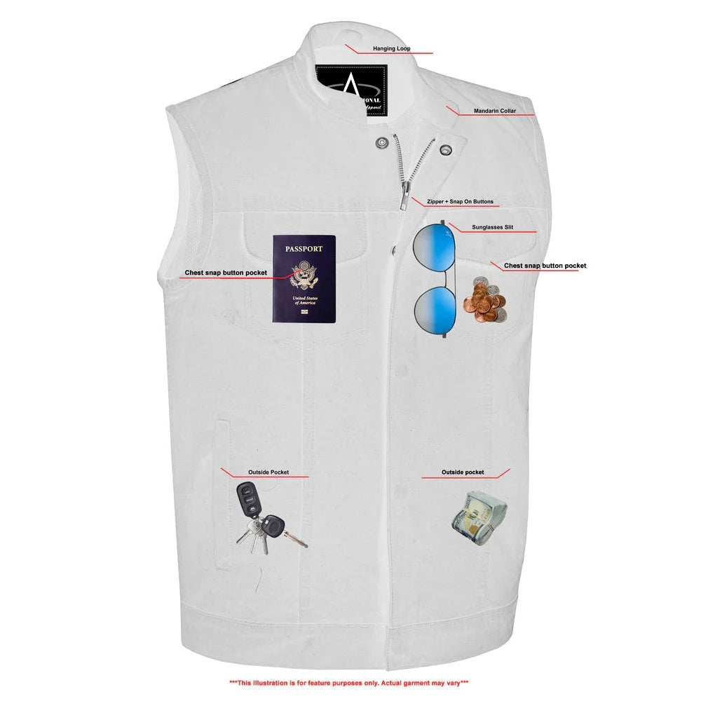 ADA989BK Concealed Snap Closure, Denim Material, Scoop Collar & Hidden