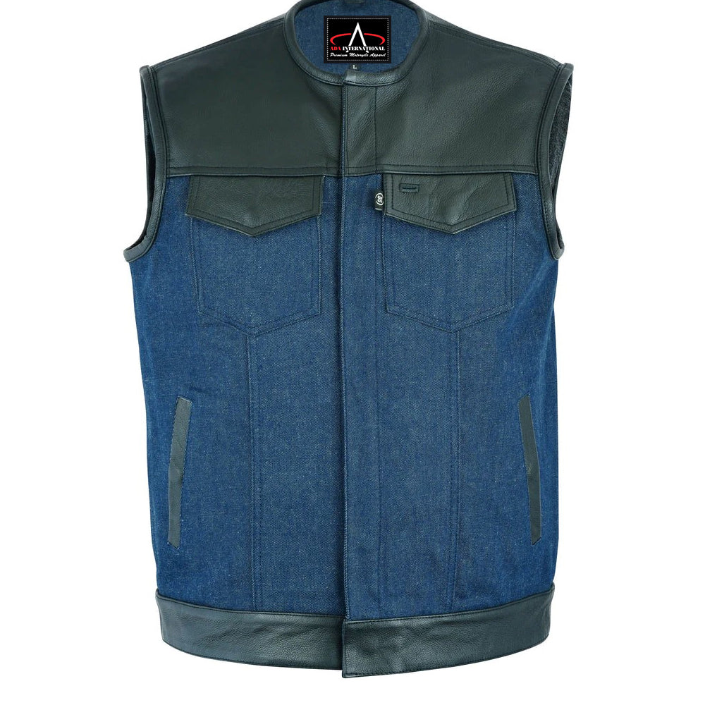 ADA933 Men's Leather/Denim Combo Vest (Black/Broken Blue)
