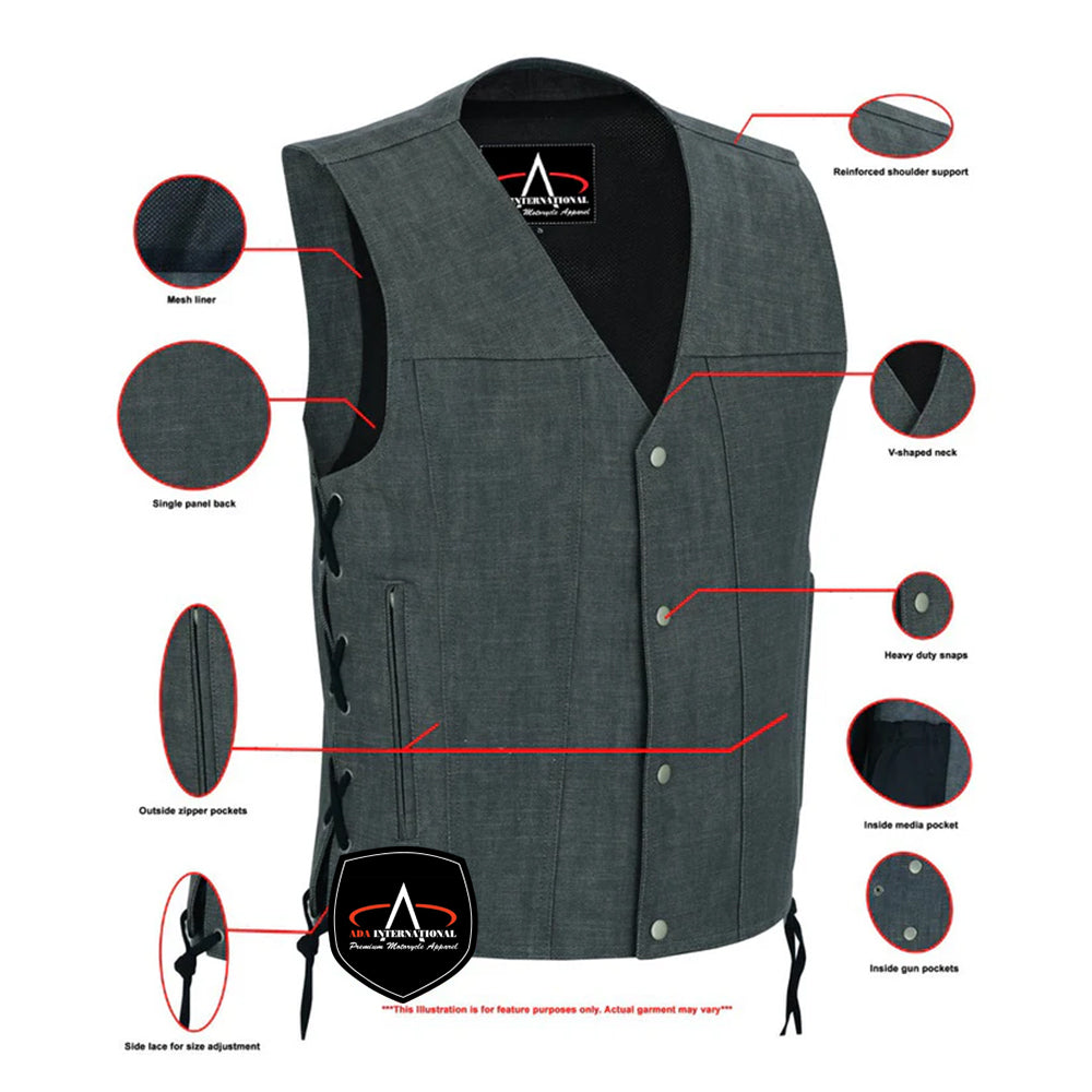 ADA918 Men's Rough Rub-Off Raw Finish Broken Gray Denim Vest