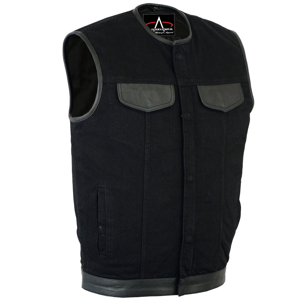 ADA991 Men's Black Denim Single Panel Concealment Vest W/Leather Trim-