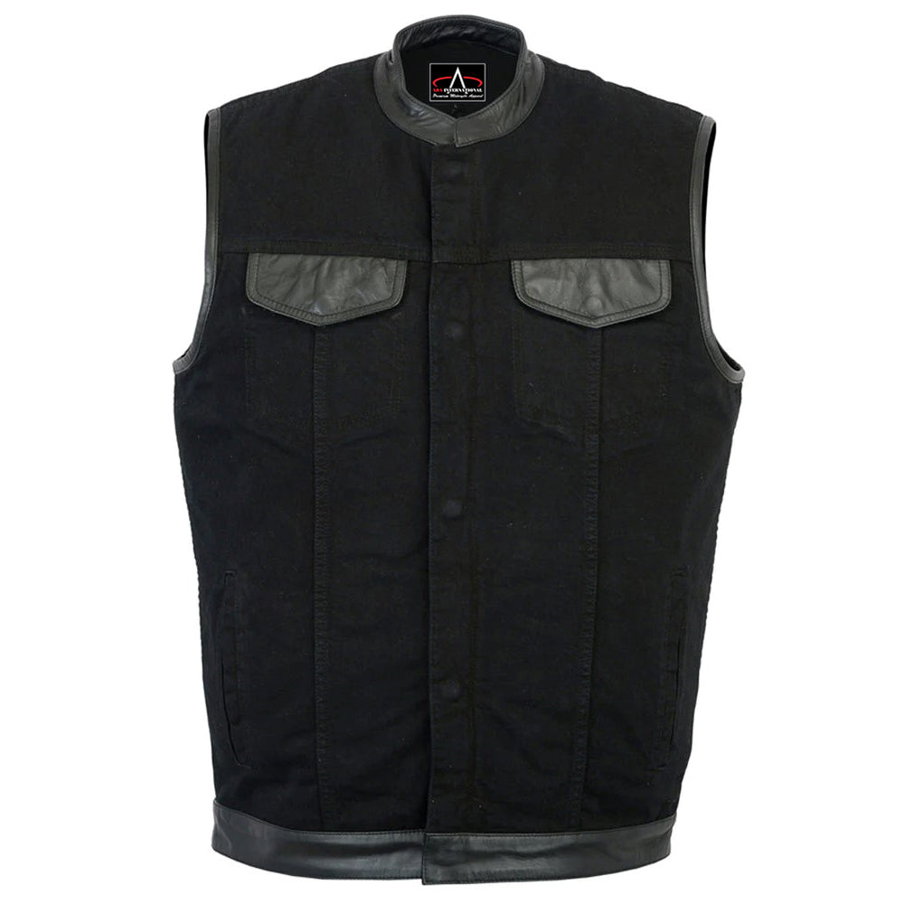 ADA992 Men's Black Denim Single Panel Concealment Vest W/ Leather Trim
