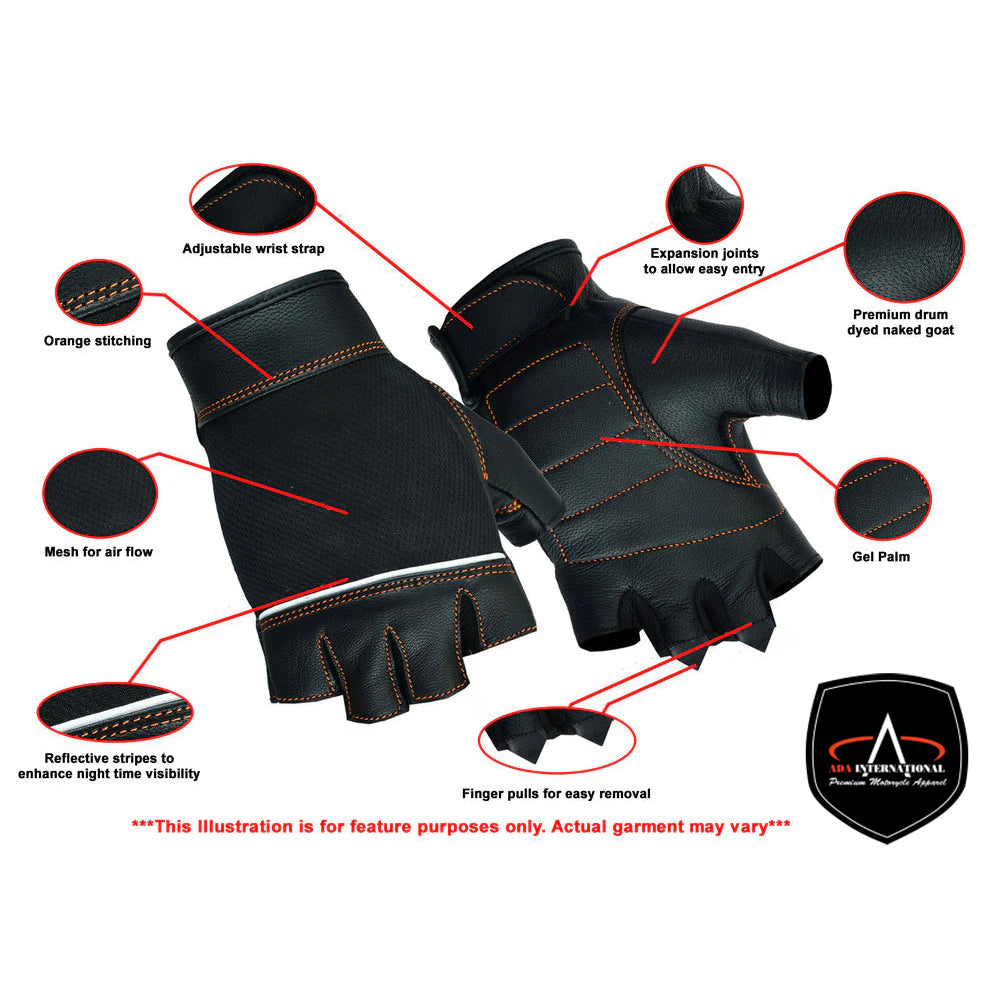 ADA2429 Women's Black Fingerless Gloves – Orange Stitching Details