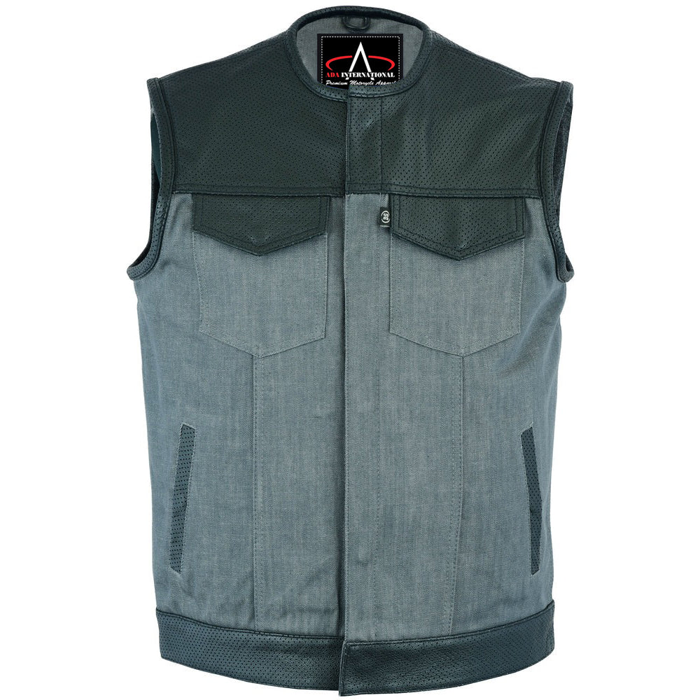 ADA934 Men's Perforated Leather/Denim Combo Vest (Black/ Ash Gray)