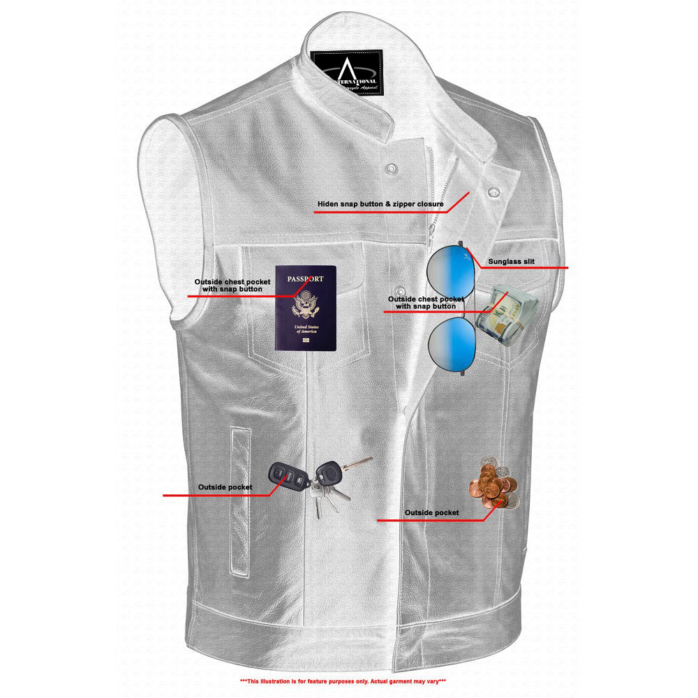 ADA9192 Urban Edge Motorcycle Leather Vest - Snap Closure, Scoop Collar & Hidden Zipper