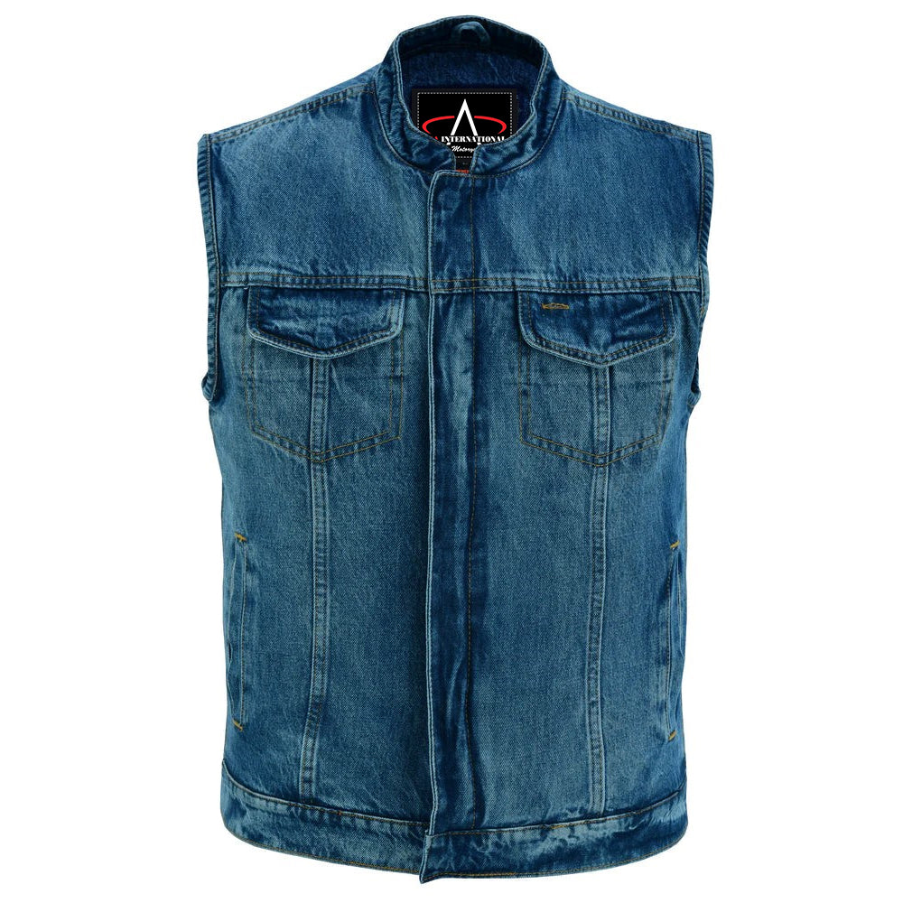 ADA989BU Concealed Snap Closure, Denim Material, Scoop Collar & Hidden