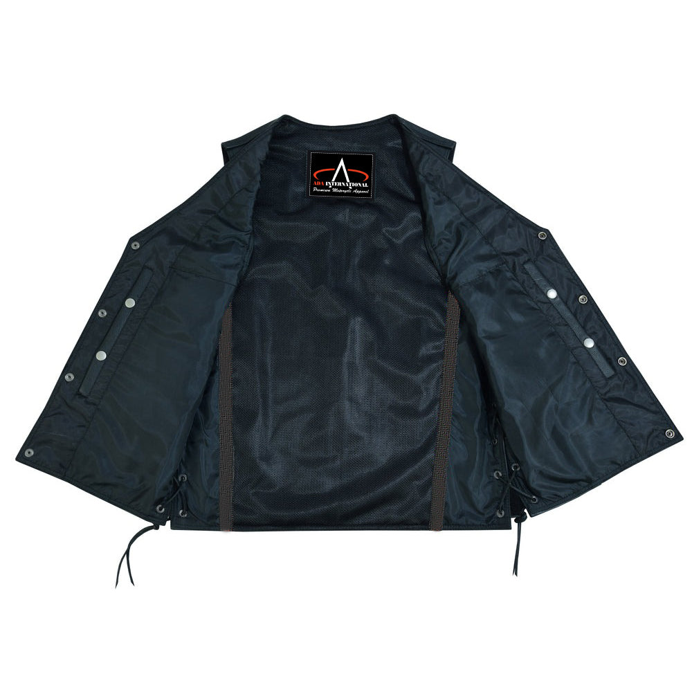 ADA124 Men's Black Leather Vest with Side Laces and Smart Access Pocket