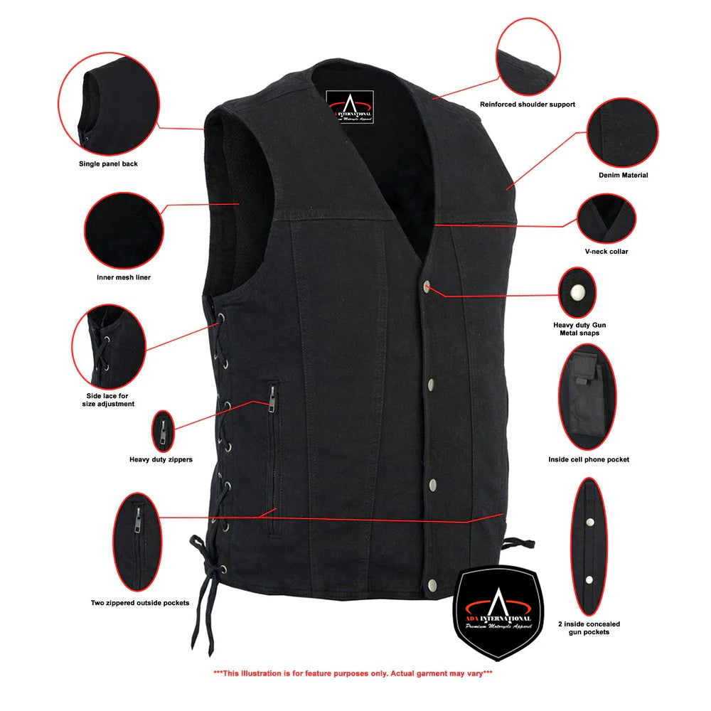 ADA905BK Men's Single Back Panel Concealed Carry Denim Vest