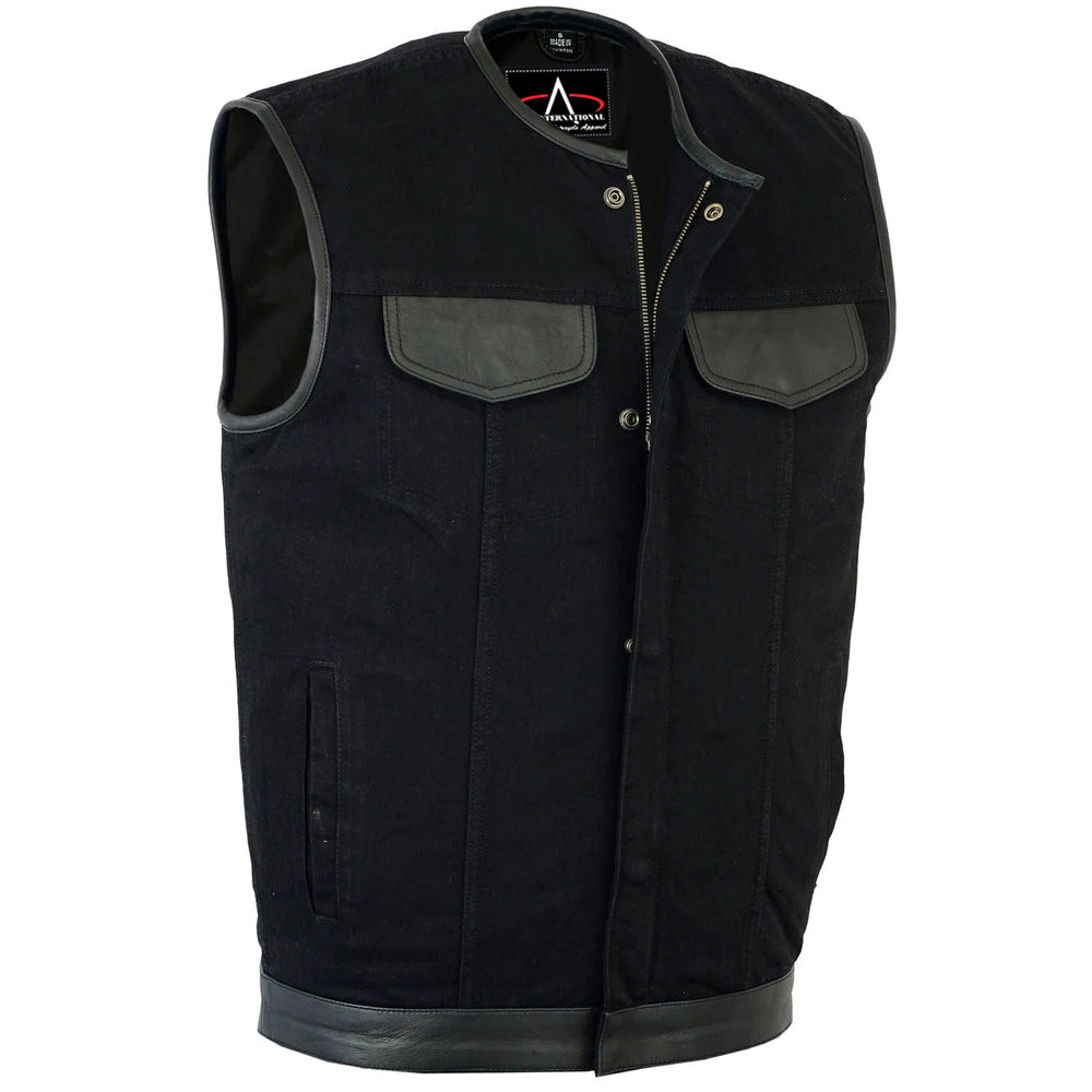 ADA991 Men's Black Denim Single Panel Concealment Vest W/Leather Trim-