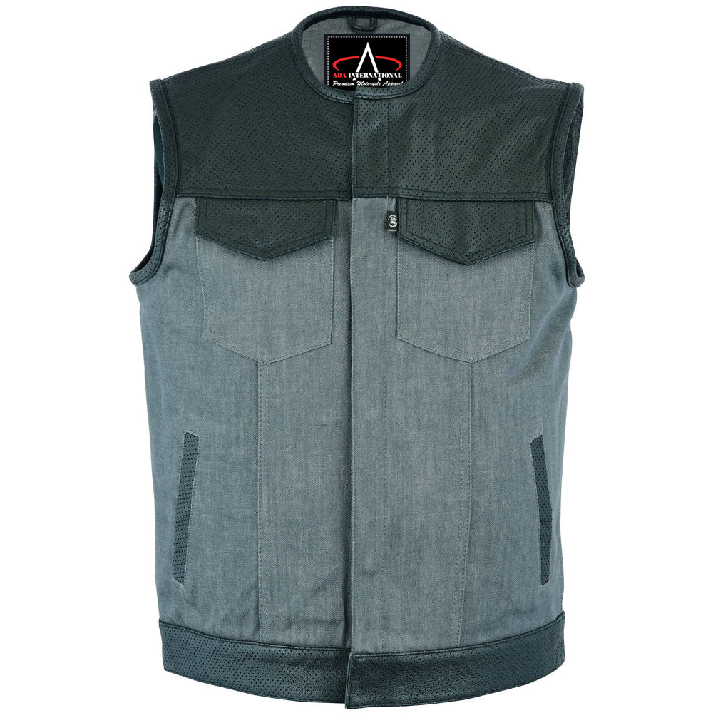 ADA934 Men's Perforated Leather/Denim Combo Vest (Black/ Ash Gray)