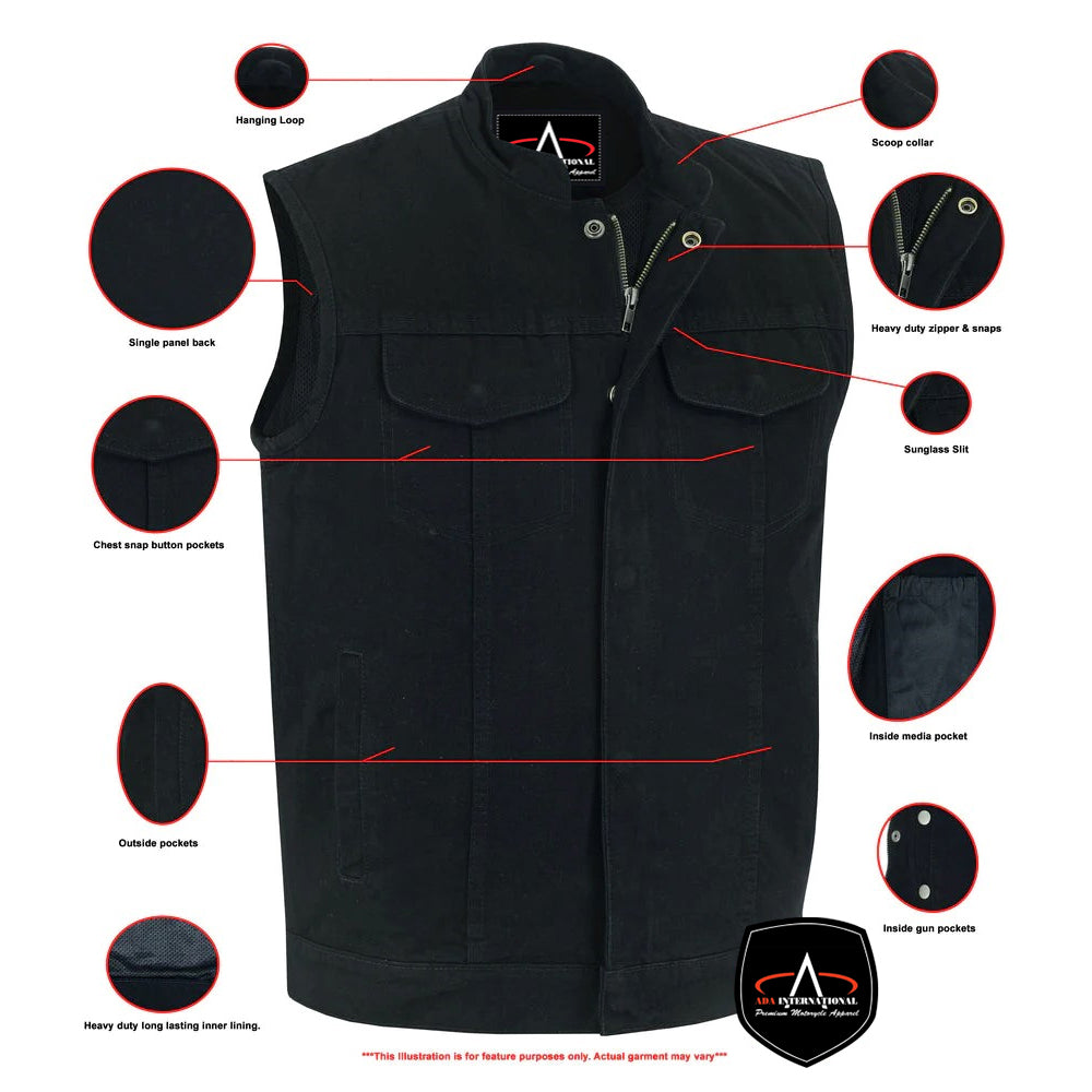 ADA989BK Concealed Snap Closure, Denim Material, Scoop Collar & Hidden