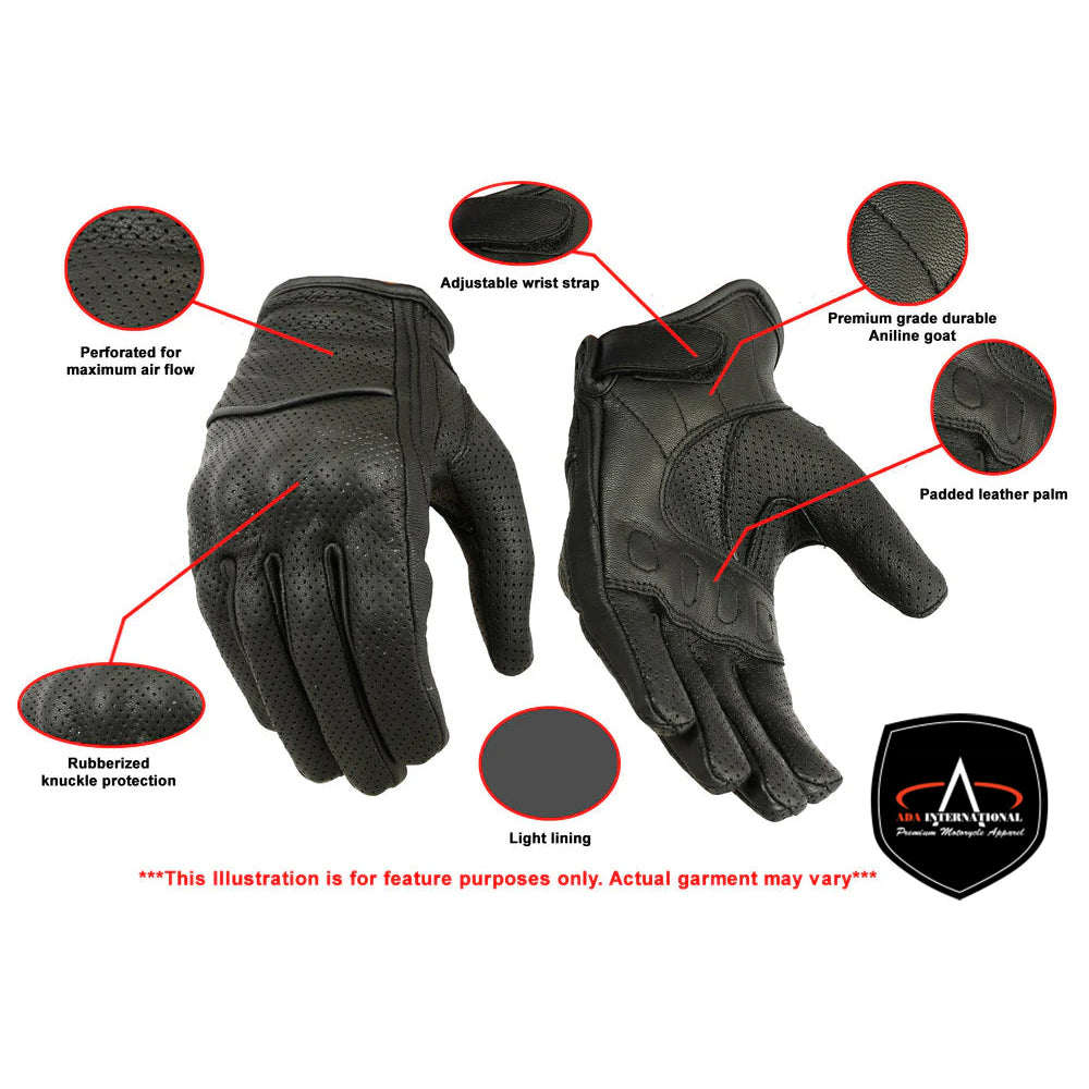 ADA86 Women's Black Perforated Sporty Gloves - Lightweight Leather, Adjustable Strap