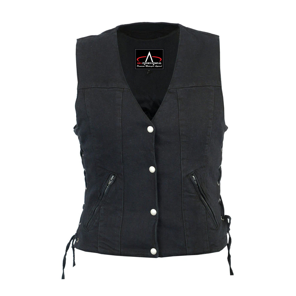 ADA906BK Women's Single Back Panel Smart Access Pockets Denim Vest