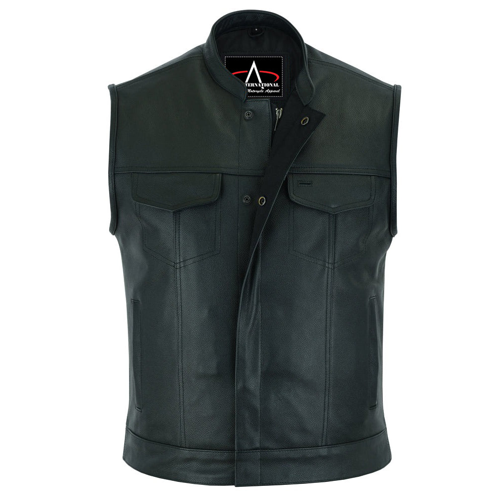 ADA189A Frontier Motorcycle Leather Vest - Snap Closure, Milled Cowhide, Scoop Collar & Hidden Zipper with Smart Access Pockets