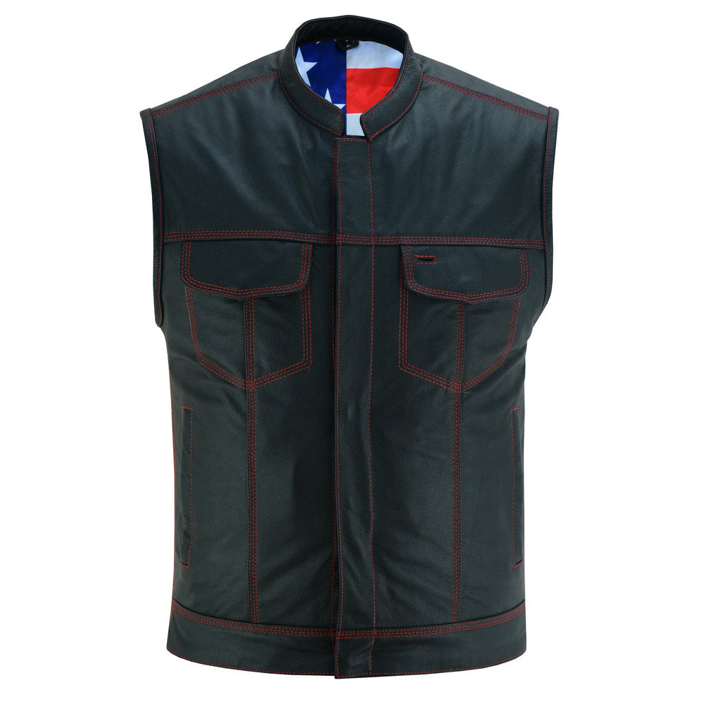 ADA165 Men's LEATHER VEST WITH RED STITCHING AND USA INSIDE FLAG LINING
