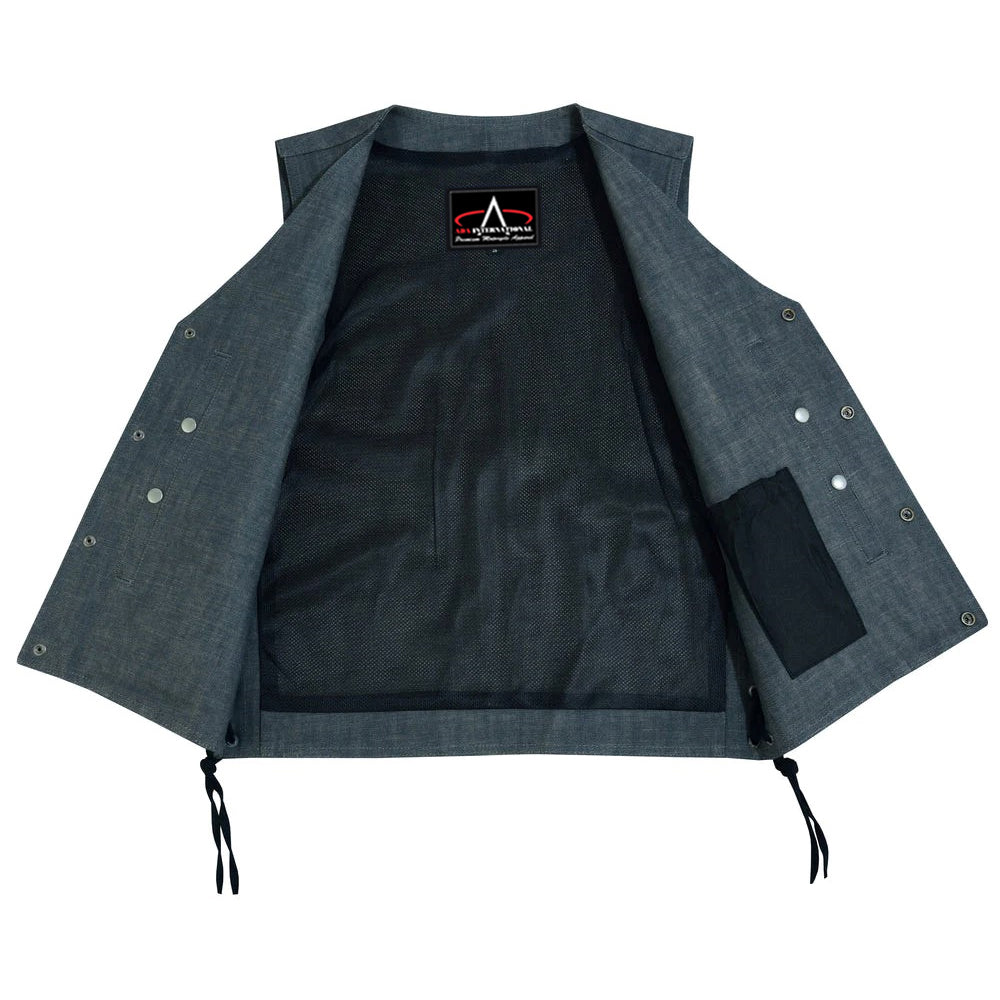 ADA918 Men's Rough Rub-Off Raw Finish Broken Gray Denim Vest