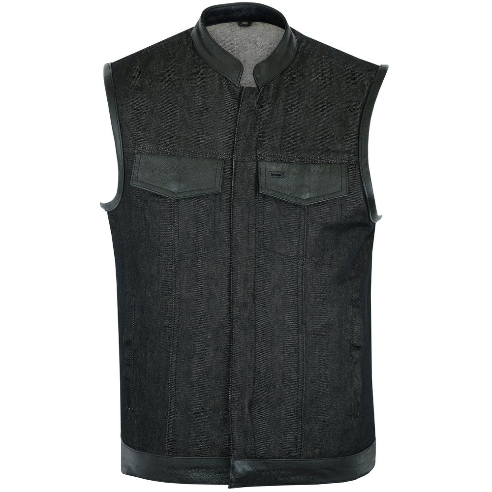ADA962 Men's Rough Rub-Off Raw Finish Denim Vest W/Leather Trim - Scoop Collar