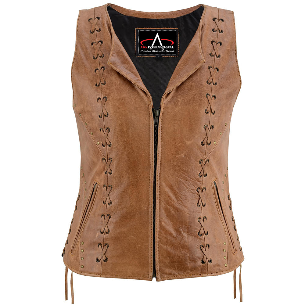ADA236 Women's Brown Zippered Vest with Lacing Details